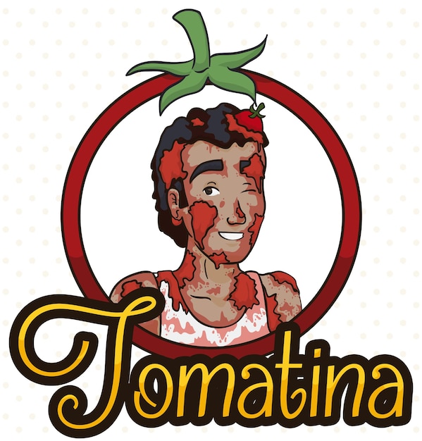 Botón redondo como un tomate con un moreno sonriente cubierto de tomates disfrutando del evento Tomatina