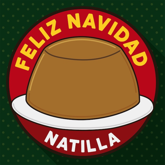 Botón redondo con mensaje de saludo y crema para una feliz celebración de Navidad sobre un patrón punteado