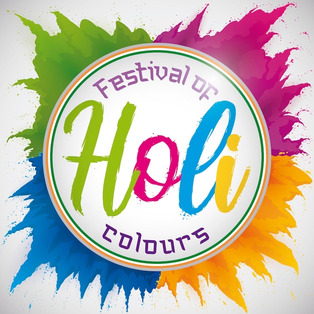 Botón redondo con salpicaduras de polvo coloridas a su alrededor que promueven el festival indio de Holi