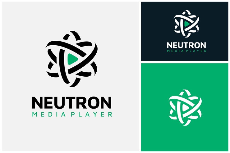 Vector botón de reproducción de clip de video musical con atom nucleus orbit para science media player apps icon diseño de logotipo