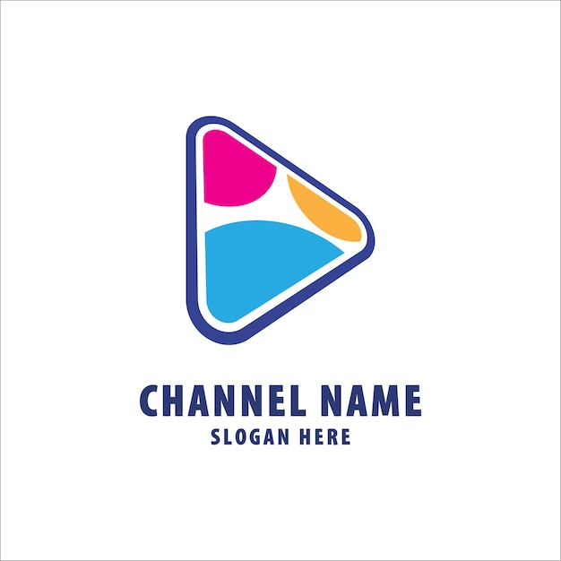 Botón de reproducción colorido Plantilla de diseño de logotipo de canal de TV rosa azul amarillo blanco