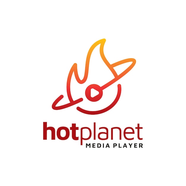 Botón de reproducción con llama de fuego y órbita planetaria para el diseño moderno del logotipo del reproductor multimedia