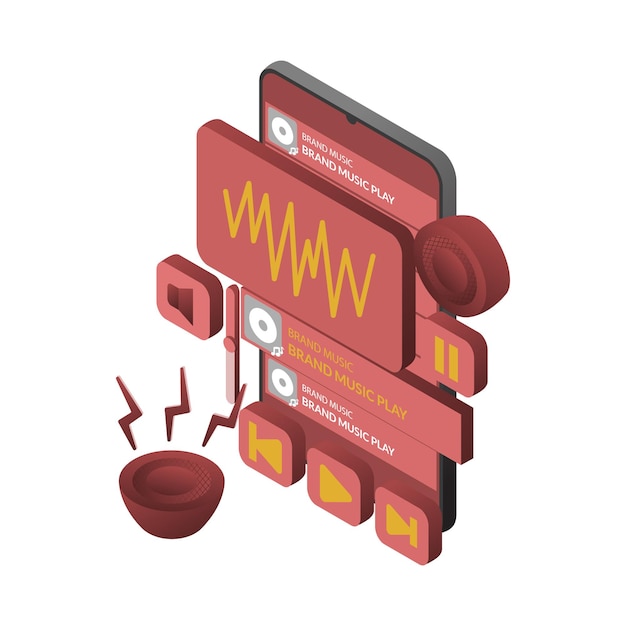 Botón de reproducción de música de diseño isométrico en el altavoz concepto aktif música en el monitor de la tableta