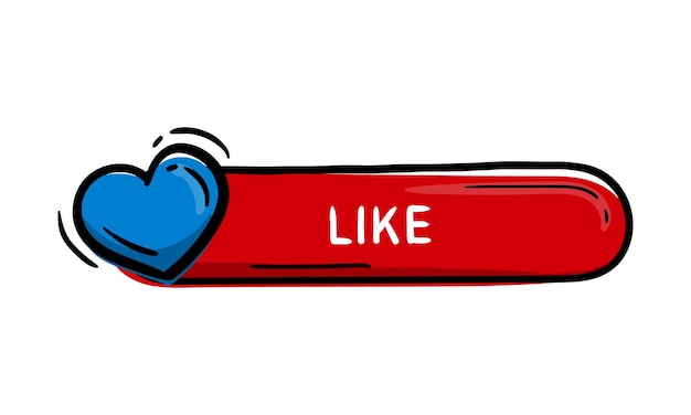 Botón rojo con un corazón azul y texto como elemento de diseño dibujado a mano para aplicación de sitio web