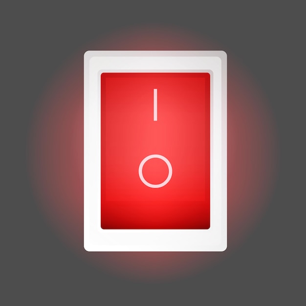 Botón rojo de encendido y apagado. El botón de encendido rojo se ilumina. Aislado. Vector.