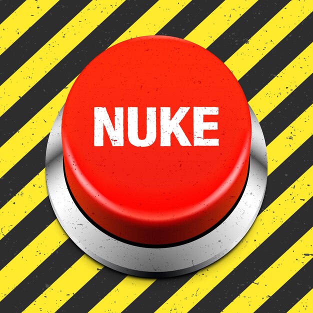 Botón rojo NUKE sobre un fondo industrial grunge Ilustración de vector de botón de lanzamiento de bomba nuclear