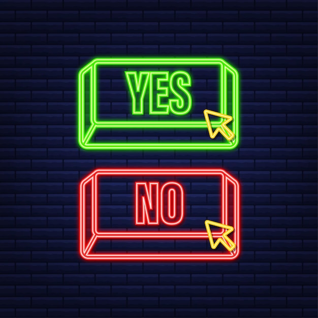 Botón Sí y No. Concepto de retroalimentación. Concepto de retroalimentación positiva. Icono de neón de botón de elección. Ilustración de stock vectorial.