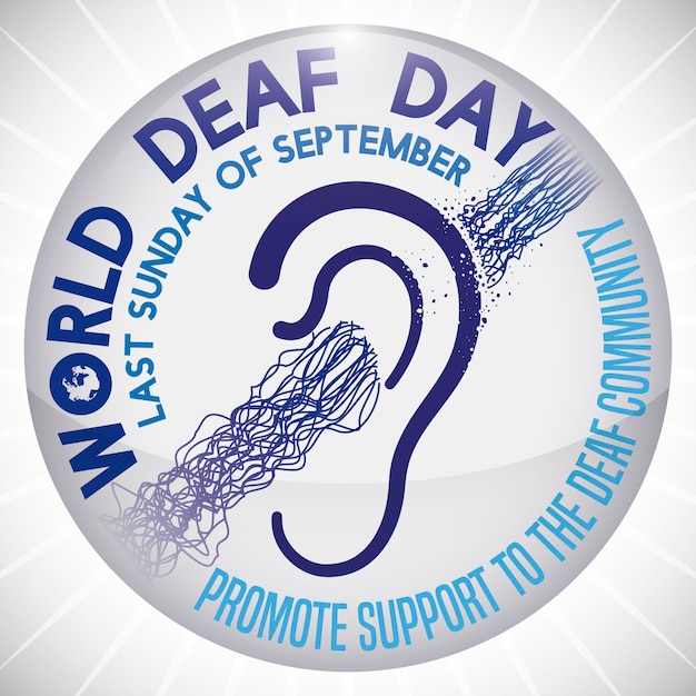 Botón con símbolo de sordera hecho con ondas sonoras y oídos que no pueden oírlo durante el Día Mundial de las Personas Sordas