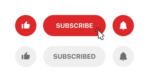 Botón de suscripción botón de icono de notificación de campana y cursor de mano haga clic en suscribirse al canal social