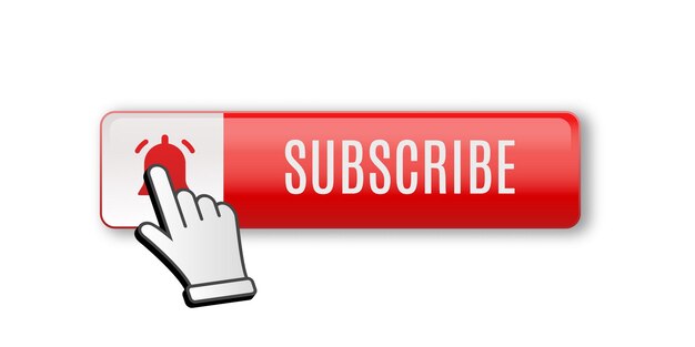 Botón de suscripción brillante realista con campana y cursor Suscríbete al canal de video blog y boletín