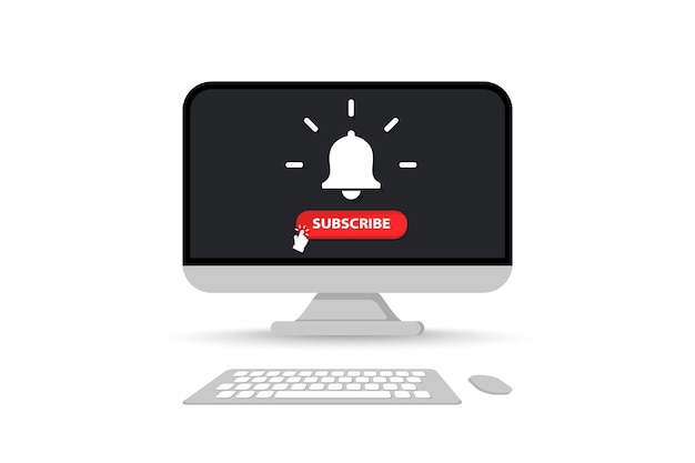 Botón de suscripción con campana y cursor Botón web rojo suscribirse al canal o blog en la pantalla de la computadora