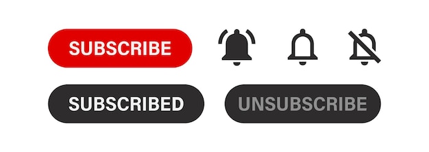 Botón de suscripción e iconos de alarma de campana de notificación configurados Icono de botón rojo Interfaz de redes sociales plana Ilustración aislada vectorial para web