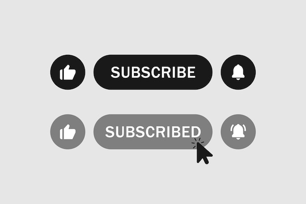 Botón de suscripción con icono como y icono de campana de notificación y cursor del ratón icono de clic