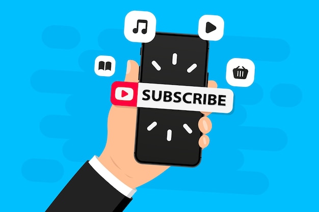 Botón de suscripción Smartphone con botón web de suscripción para servicio en línea Marketing social digital Concepto de redes sociales Suscríbete al canal de video blog boletín tienda de música Ilustración vectorial