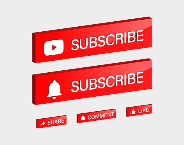 Botón de suscripción de youtube 3d con iconos de notificación como compartir comentarios guardar para redes sociales