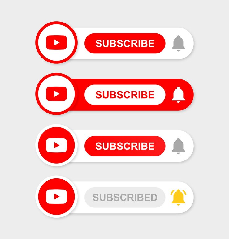 Vector botón de suscripción de youtube con icono de campana de notificación y logotipo de youtube para banner de iconos de redes sociales