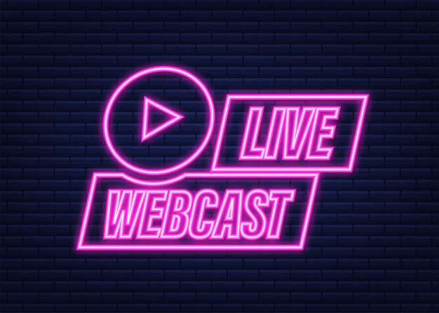 Botón de transmisión web en vivo, icono, emblema. Icono de neón. Ilustración de stock vectorial.