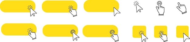 Vector botones amarillos con conjunto de puntero de mano o flecha haga clic aquí plantilla vectorial