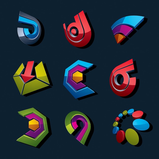 Botones de aplicación de vector dimensional. Colección de flechas, iconos de dirección y diferentes símbolos gráficos corporativos de negocios.