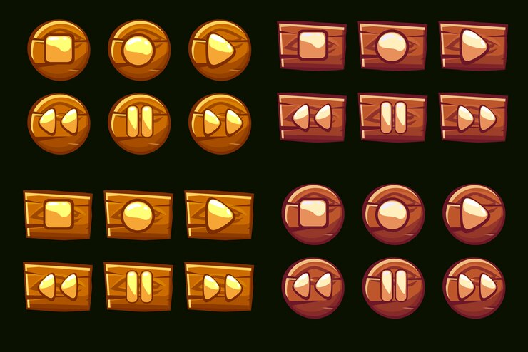 Vector botones de audio de madera. íconos ilustrados del jugador