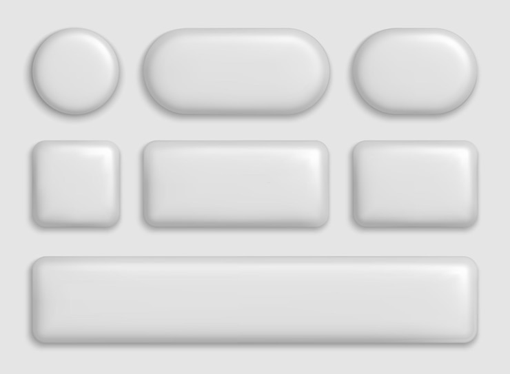 Vector botones blancos en 3d elementos de interfaz de rectángulo y círculo de plástico con sombra realista insignias redondas cuadradas y rectangulares redondeadas en blanco