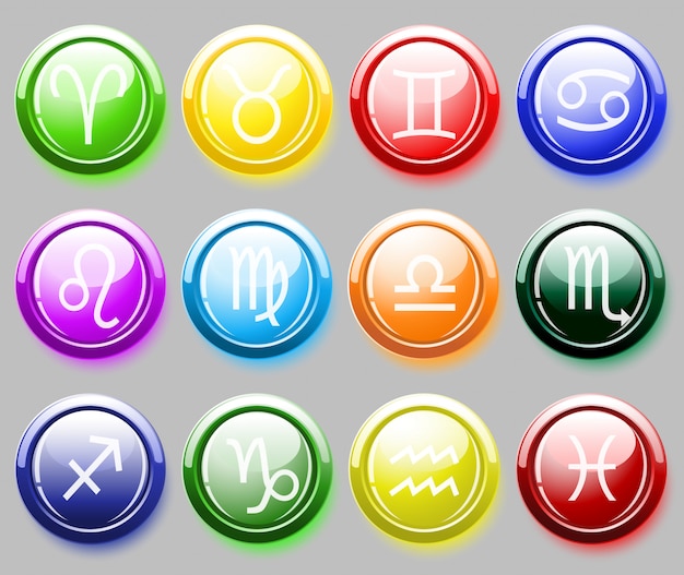 Vector botones coloreados brillantes con signos del zodiaco para web