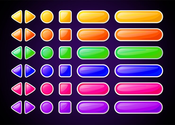 Vector botones coloridos y brillantes para el diseño y la interfaz del juego