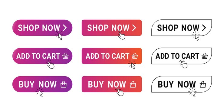 Vector botones de compra comprar ahora banner con clic del mouse en el icono del carrito de compras y comprar con el conjunto de vectores de cursor de puntero de mano