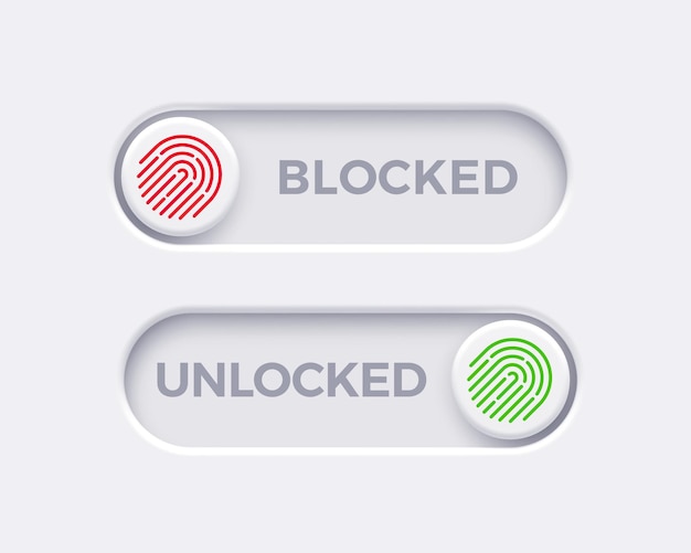 Botones de conmutación bloqueados y desbloqueados con icono de huella dactilar Botones de cambio de diseño de material establecidos