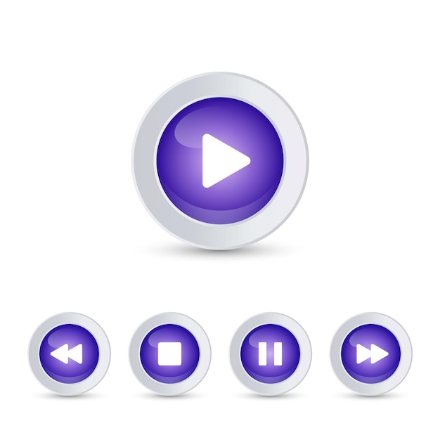 botones de control de medios púrpura brillante con borde metálico aislado sobre fondo blanco