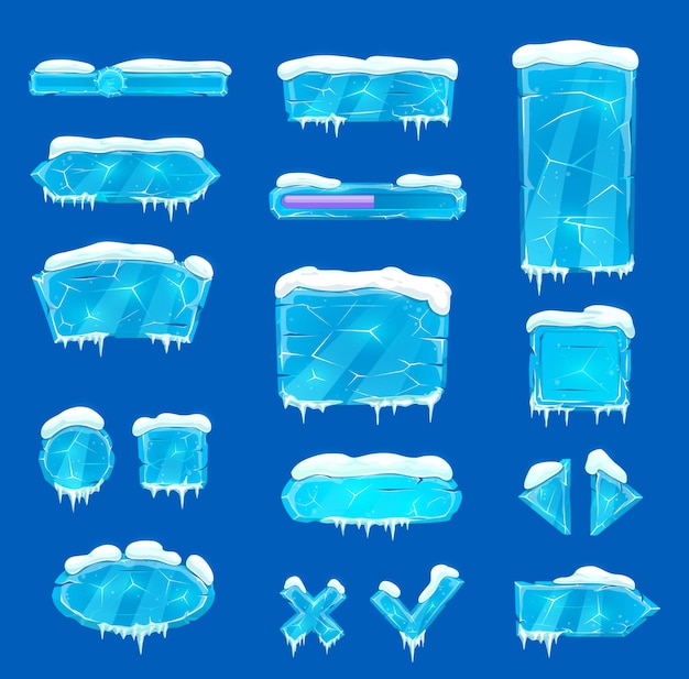 Vector botones, controles deslizantes, flechas y teclas de cristal de hielo azul con nieve y carámbanos. activo de juego vectorial, interfaz de panel de menú de usuario. bloques texturizados helados, elementos de diseño gráfico ui gui, botones de dibujos animados congelados