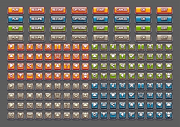 Vector botones cuadrados de caricaturas para crear videojuegos.