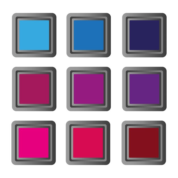 Los botones cuadrados de colores establecen los iconos de los botones de la aplicación de diseño del juego Ilustración vectorial