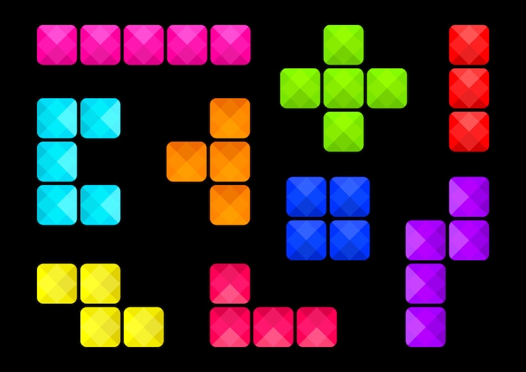 Vector botones cuadrados de colores, tipos de conexiones de bloque.