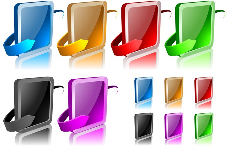 Vector botones cuadrados con flechas y reflejos