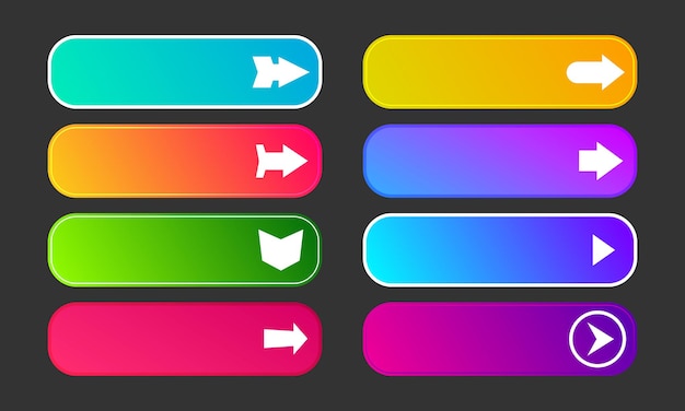 Botones degradados de colores con flechas. Conjunto de ocho botones web abstractos modernos. ilustración vectorial