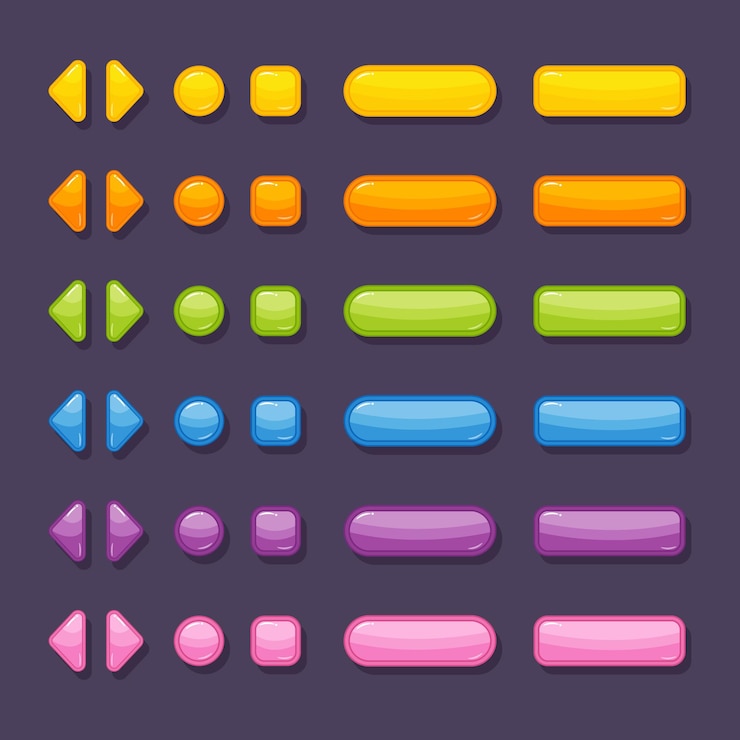 Vector botones de diferentes colores y formas para el diseño de juegos y aplicaciones.