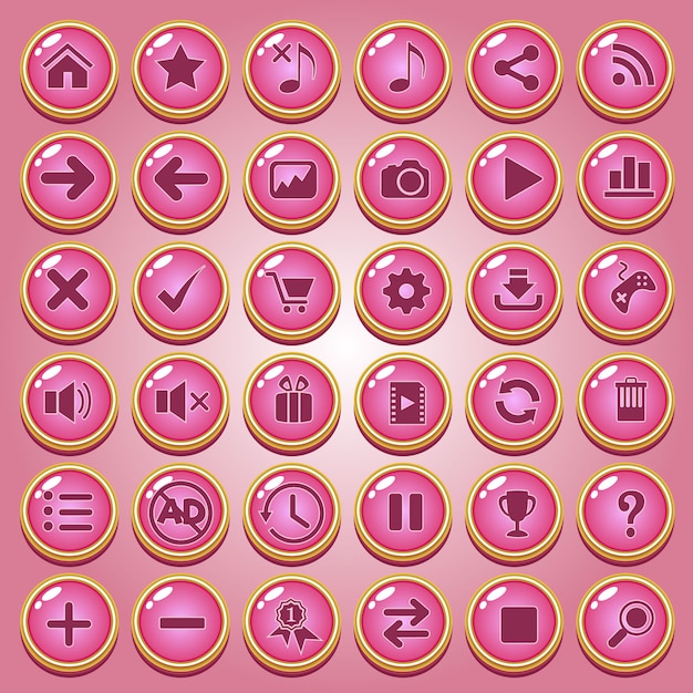 Botones de diseño de conjunto de iconos de color rosa de forma de lujo para el juego.