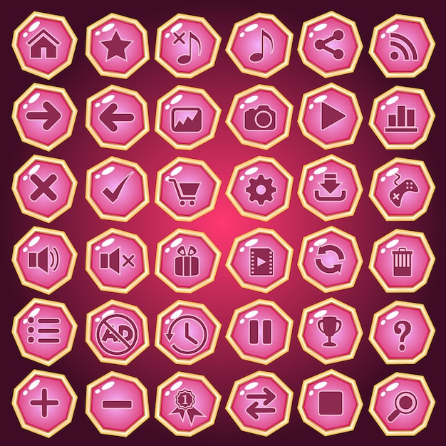 Botones de diseño de conjunto de iconos de color rosa de forma de lujo para el juego.