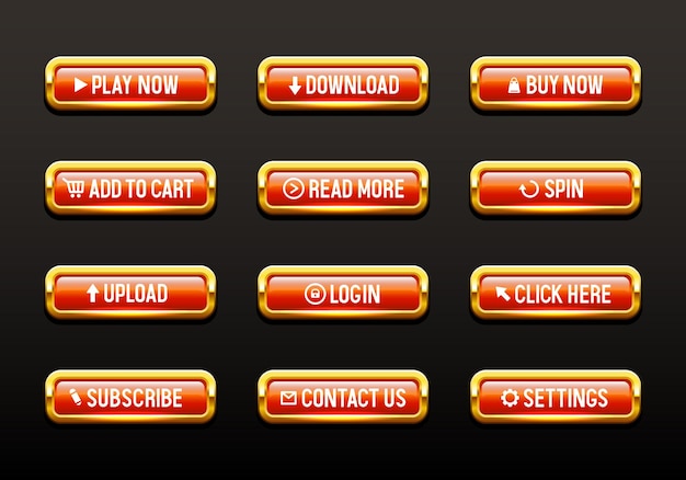 Botones para diseño web Botones rojos en un marco dorado Conjunto de botones 3D vectoriales