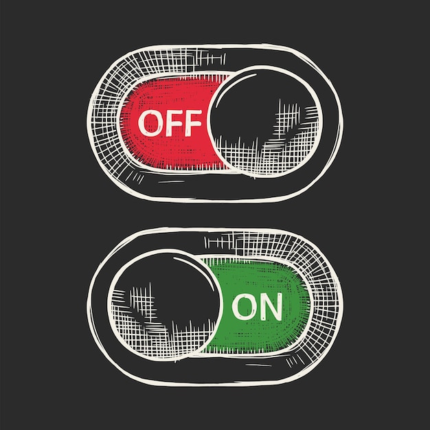 Botones de encendido y apagado Ilustración de vector dibujado a mano sobre fondo oscuro