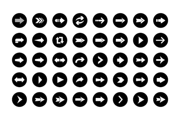 Botones de flechas en forma redonda. Conjunto de iconos planos, signos, flechas de símbolos para el diseño de interfaces, aplicaciones web y móviles.