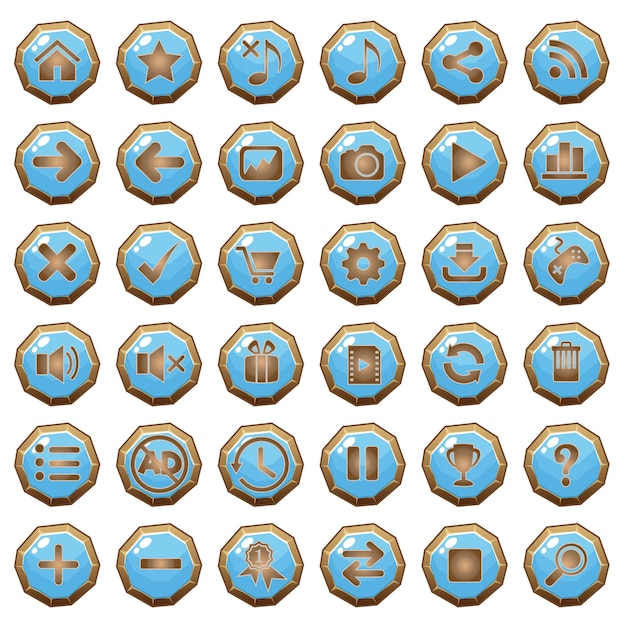 Los botones de GUI iconos de madera establecidos para las interfaces de juego azules.