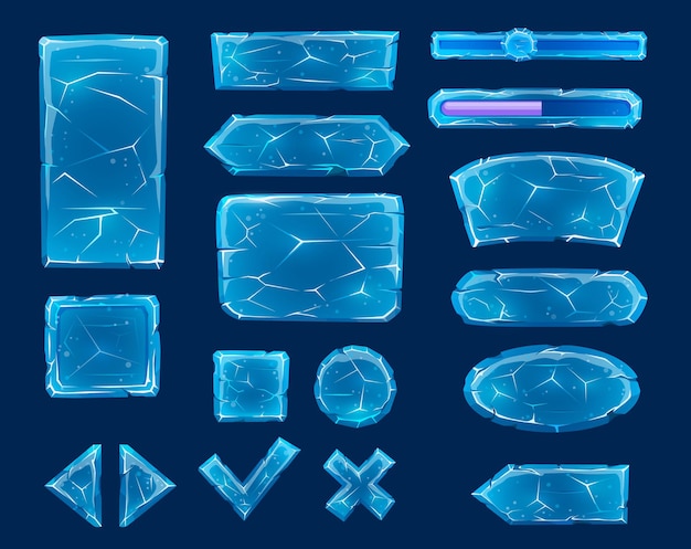 Botones de hielo de dibujos animados transparentes, controles deslizantes, flechas y teclas con grietas. Activo del juego de cristales de hielo, elementos de la interfaz del panel de usuario con botones de reproducción y parada, conformación y declive, barra de progreso