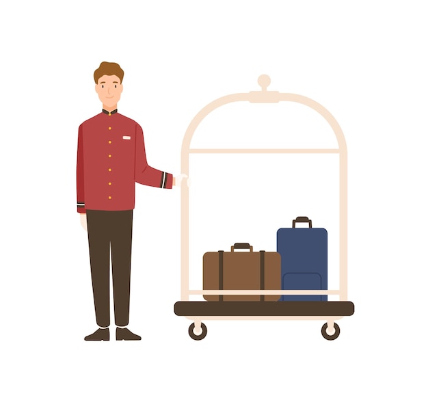 Botones de hombre de dibujos animados sonriente de pie con ilustración plana de vector de equipaje. Trabajador de transporte de equipaje masculino alegre aislado sobre fondo blanco. Personal de hotel profesional en uniforme.