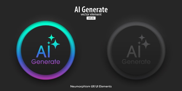 Botones de IA generativos Un conjunto de botones negros activos e inactivos con símbolos de IA generados Concepto de tecnología de aprendizaje de inteligencia artificial Diseño de UI UX de estilo Neumorfismo Ilustración vectorial