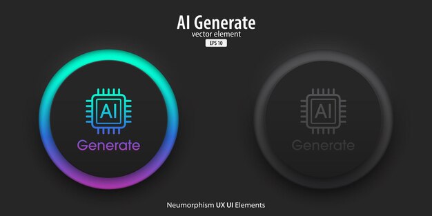 Botones de IA generativos Un conjunto de botones negros activos e inactivos con símbolos de IA generados Concepto de tecnología de aprendizaje de inteligencia artificial Diseño de UI UX de estilo Neumorfismo Ilustración vectorial