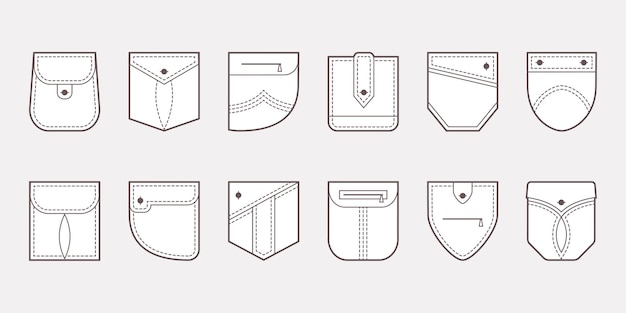 Botones de iconos de bolsillo de parche e ilustración de costura de línea