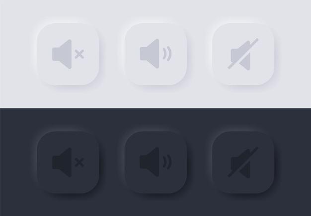 Botones de iconos de volumen de sonido de neumorfismo en opciones de audio de video cuadrado o neumorfo