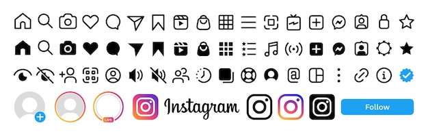 Vector los botones de instagram, los iconos y los logotipos se establecen en ig elements o instagram logos incluye like comentario guardar